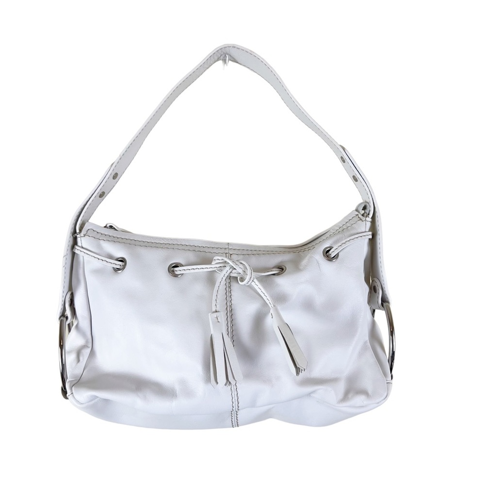 Bloomingdale’s White Leather Shoulder Bag Drawstring Zip Silver Accents - Picture 2 of 12